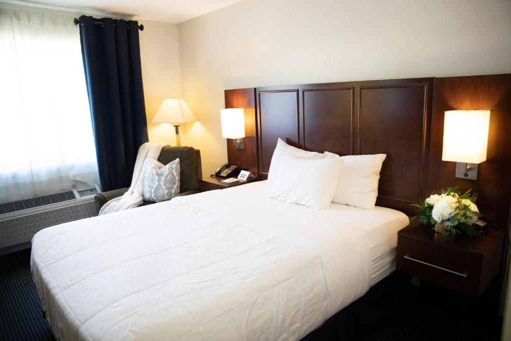 Cozy hotel room with a neatly made bed and soft lighting.